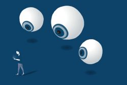 Illustrasjon.Øyne som overvåker person som ser på mobiltelefon